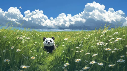 Playful Panda in a Field of Wildflowers