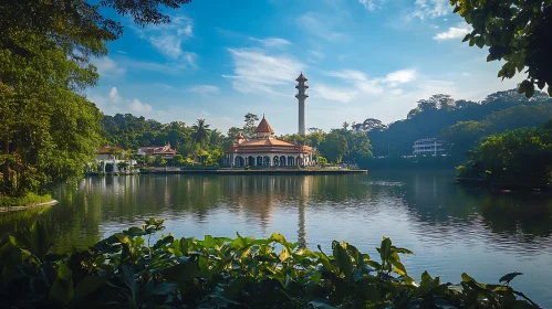 Building on Lake with Tower