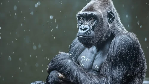 Thoughtful Gorilla in Rainfall