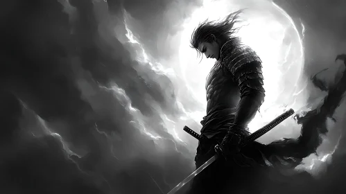 Silhouetted Warrior with Katana under Moon