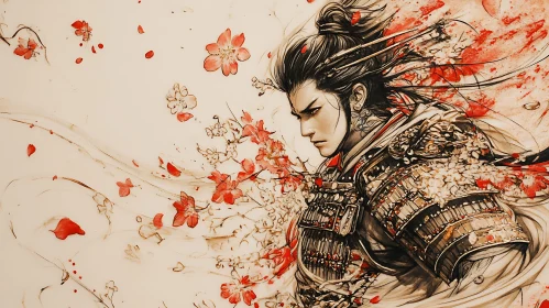 Man in Armor with Cherry Blossoms