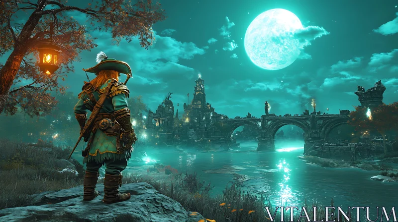 Warrior Overlooking Moonlit Fantasy City AI Image