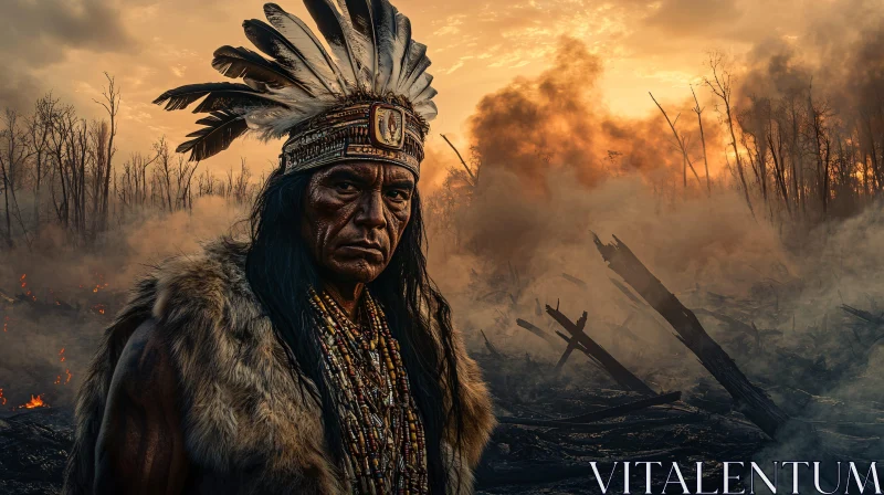 Portrait of Native American in Burnt Forest AI Image