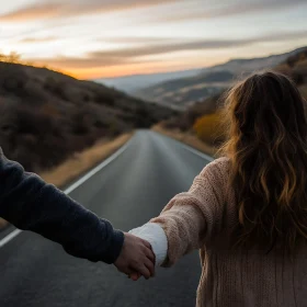 Couple Holding Hands on Road at Sunset