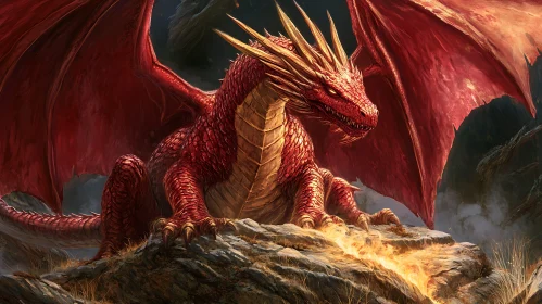 Crimson Dragon Perched on Rock
