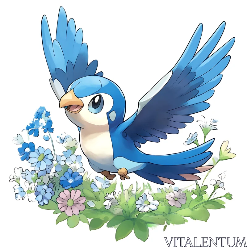 Cartoon Bluebird in Flight with Floral Accent AI Image