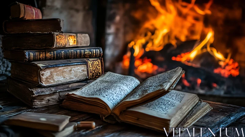 AI ART Antique Books by Fireplace Still Life