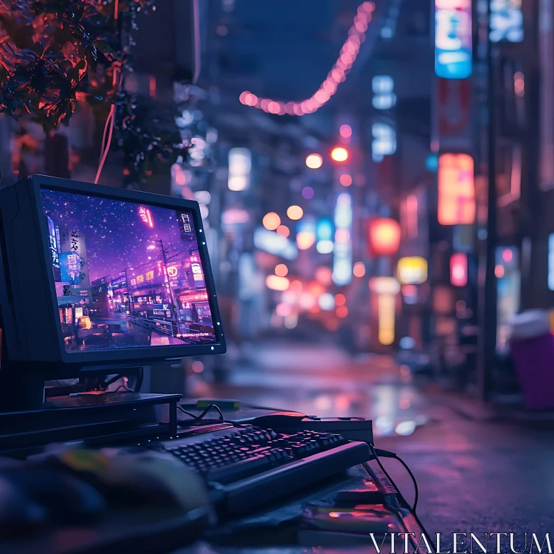 Futuristic Night-time Urban Computer Setup AI Image