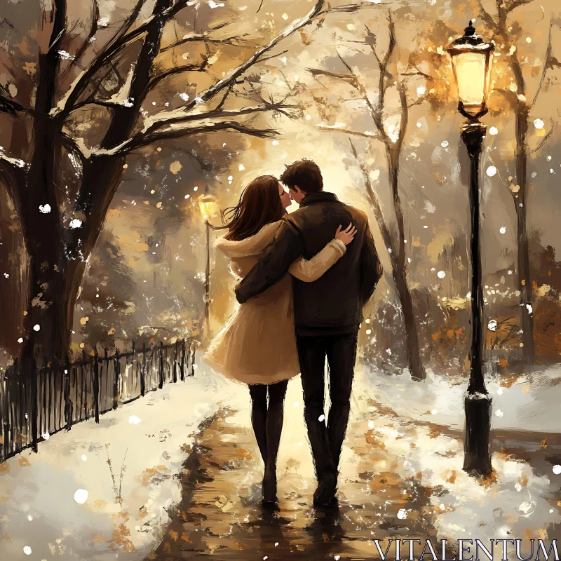 Winter Romance: A Couple's Embrace in the Snow AI Image