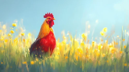 Vivid Rooster Amongst Wildflowers