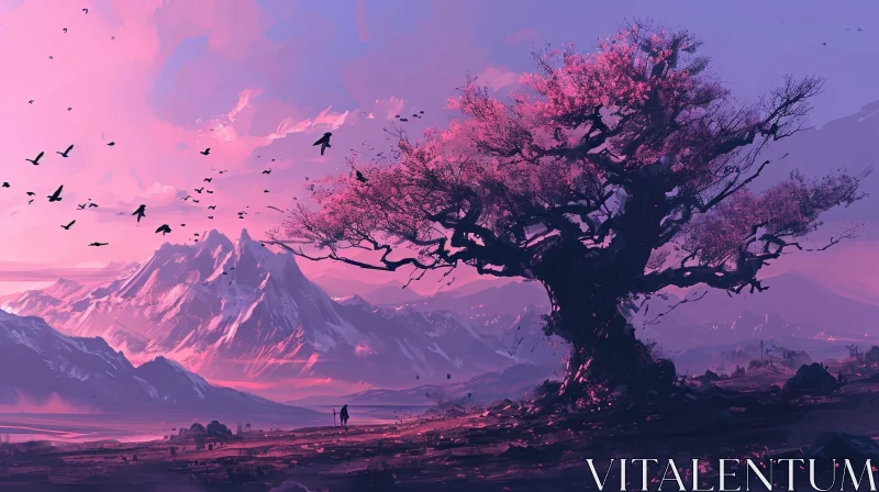Captivating Landscape with Blossoming Tree and Majestic Mountains AI Image