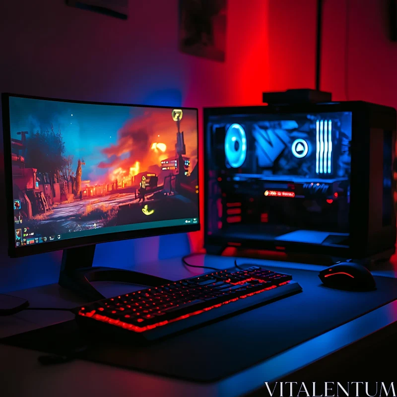 Modern RGB Gaming PC Setup with LED Lighting AI Image