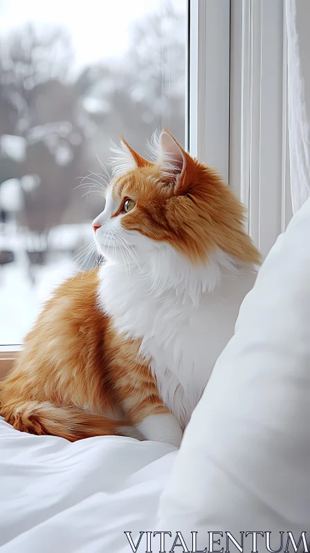 Feline Serenity: Ginger Cat Watching Winter AI Image