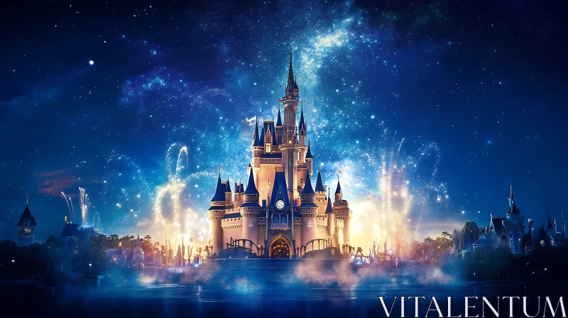 Fairytale Castle with Fireworks Display AI Image