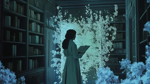 Woman Reading Amidst Blossoms in Library