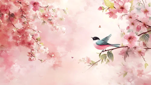 Spring Bird with Pink Flowers