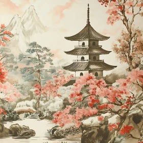 Pagoda and Cherry Blossoms Landscape