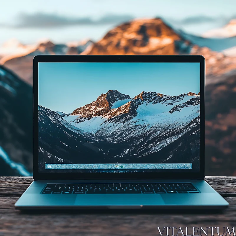 Serene Mountain Landscape on a Modern Laptop AI Image