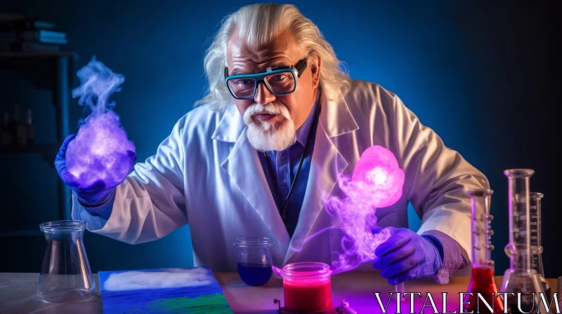 Elderly Scientist Conducting Colorful Liquid Experiments in Lab AI Image