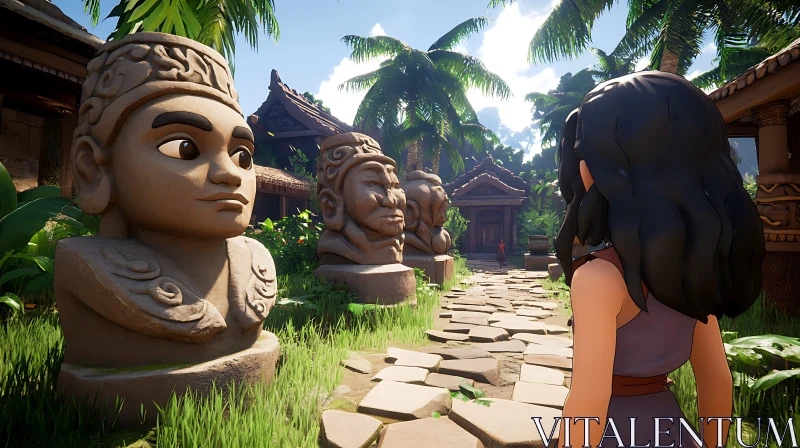 AI ART Woman Gazing at Statues in Tropical Setting