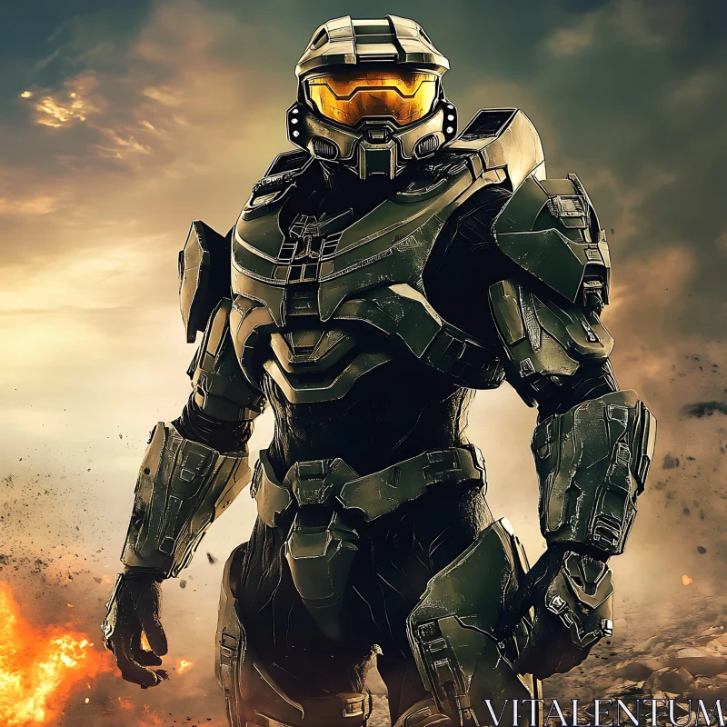 Armored Warrior in Fiery Landscape AI Image