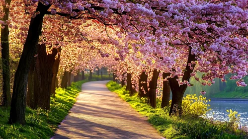 Pathway under Blossoming Cherry Trees