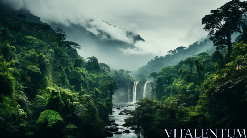 Jungle Waterfall and Mountain Scenery - Nature's Wonder AI Image