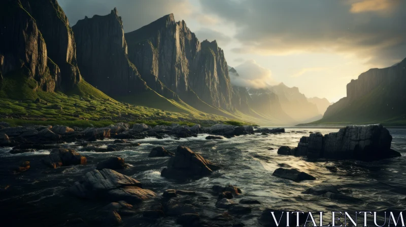 Mesmerizing Mountain River Amidst Norwegian Landscape AI Image