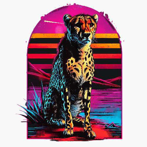 Stylized Cheetah in Colorful Retro Landscape Graphic POD Design