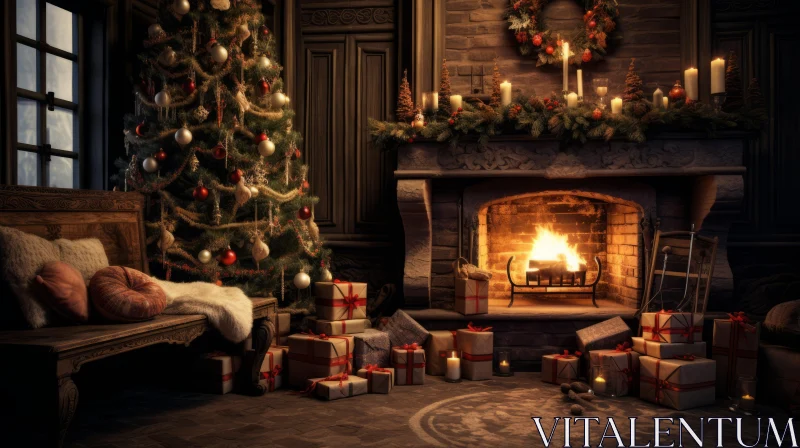 Vintage Christmas Scene with Fireplace and Presents AI Image