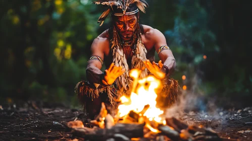 Tribal Man and Campfire