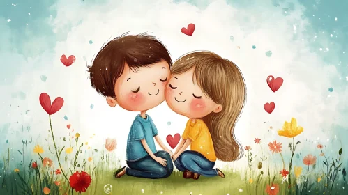 Cartoon Couple Surrounded by Hearts