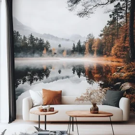 Autumn Lake Reflection in Calm Living Room