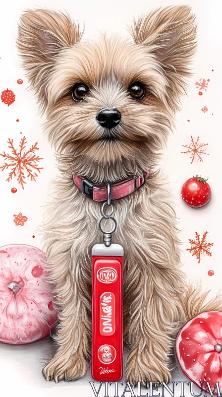 Cute Dog and Red Snowflakes Art AI Image