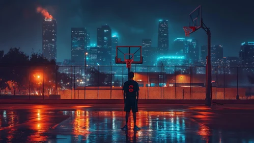 Cityscape Basketball Court at Night