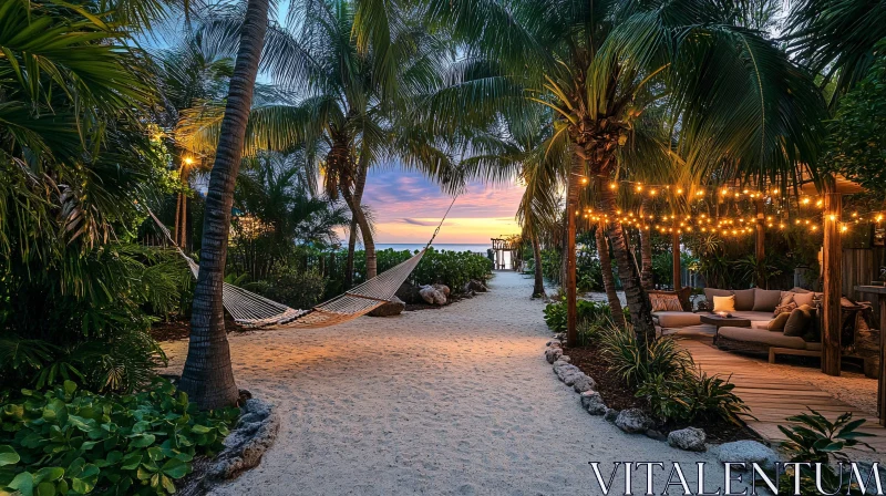 Beach Hammock Under Palm Trees at Sunset AI Image