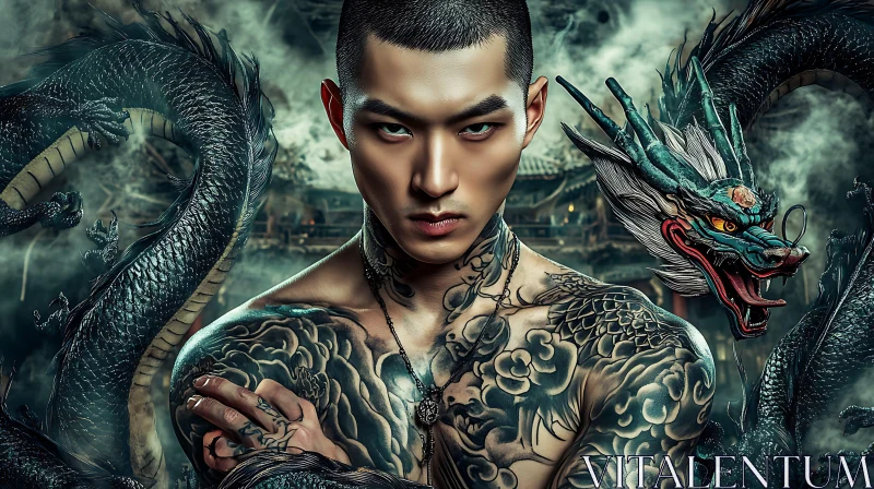 AI ART Dragon's Embrace: A Tattooed Man's Tale