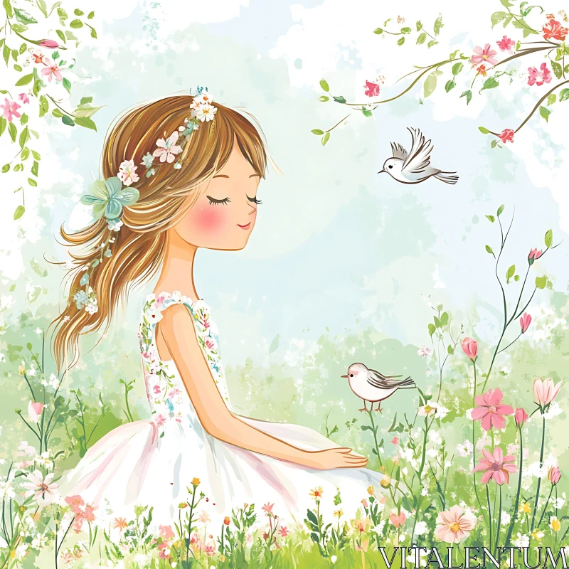 Floral Girl with Bird Friends Artwork AI Image