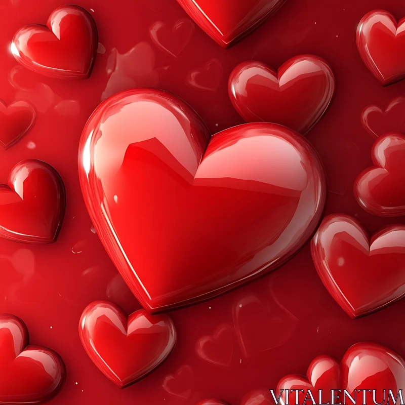 Glossy Red Hearts on Red Background AI Image