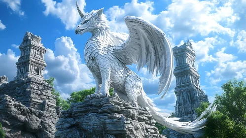 Winged Dragon Statue Among Old Structures