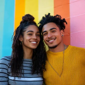 Smiling Couple Portrait with Rainbow Backdrop