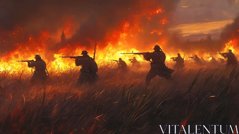 Soldiers in the Fiery Battlefield AI Image