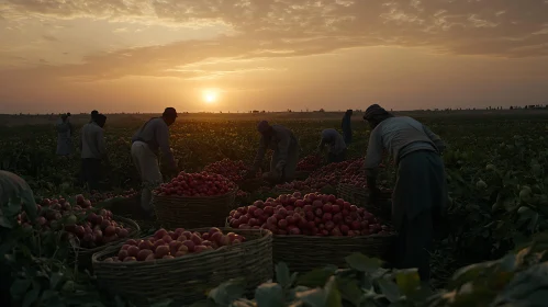 Farmers Harvesting Crops at Dusk