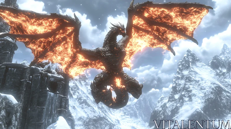 Dragon with wings of fire soars mountain AI Image