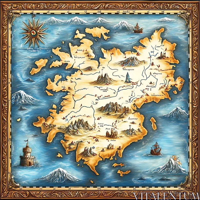 AI ART Ornate Island Map with Ships