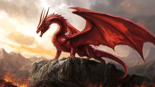 Crimson Dragon Perched High Above