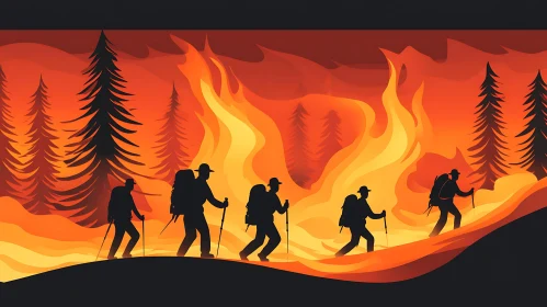 Silhouetted Hikers Amidst Forest Flames