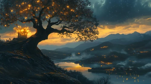 Mystical Landscape with Glowing Tree