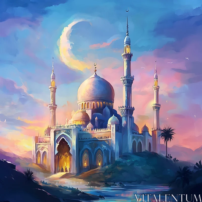 Pastel Sunset Mosque Illustration AI Image