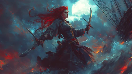 Fiery Pirate Woman in Stormy Seas